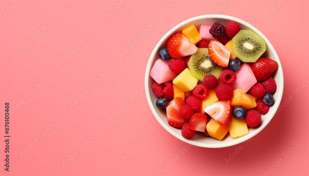 Top view bowl of healthy fresh fruit salad on pink background, food concept