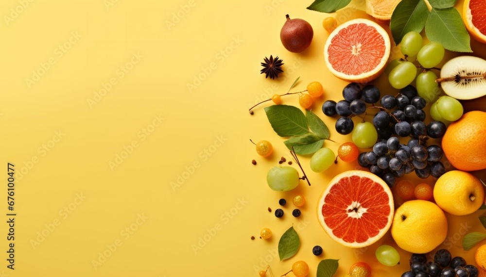 Obraz na płótnie Top view creative composition made from oranges and fruits on pastel yellow background. Fresh fruit minimal concept with flat lay w salonie