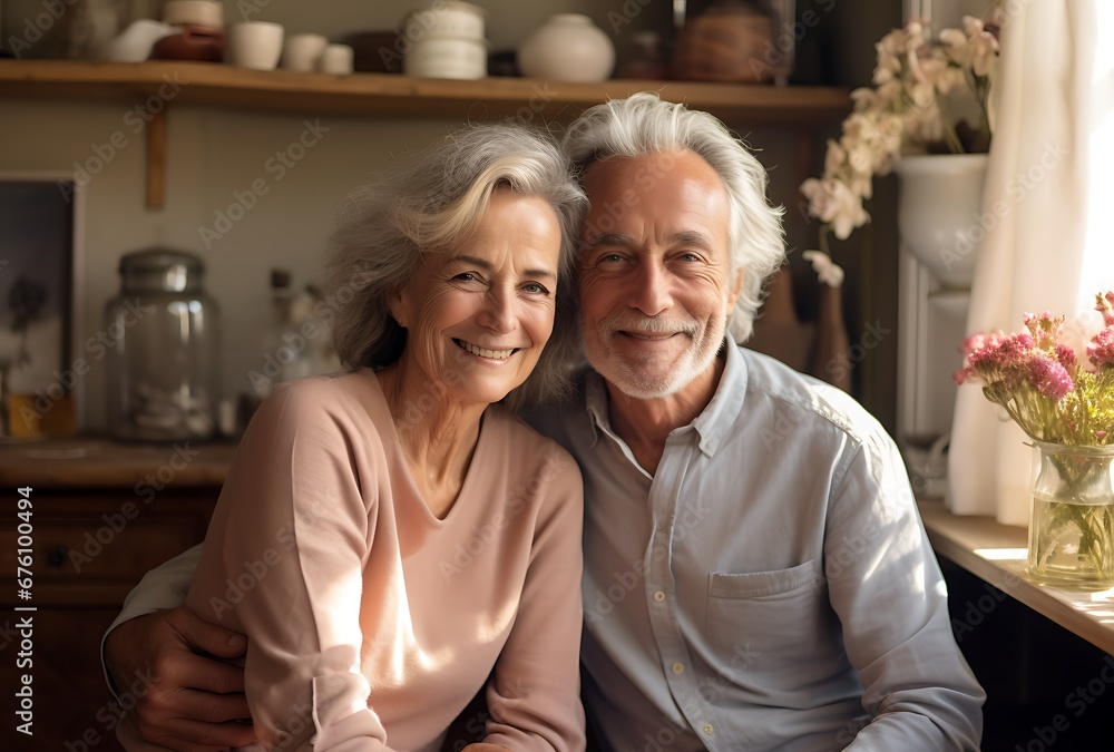 Portrait of happy senior couple looking at camera while sitting in kitchen at home Portrait of happy senior couple looking at camera while sitting in kitchen at home