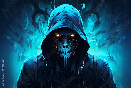 3d rendering of a man wearing a hooded cloak with a skull in the background photo