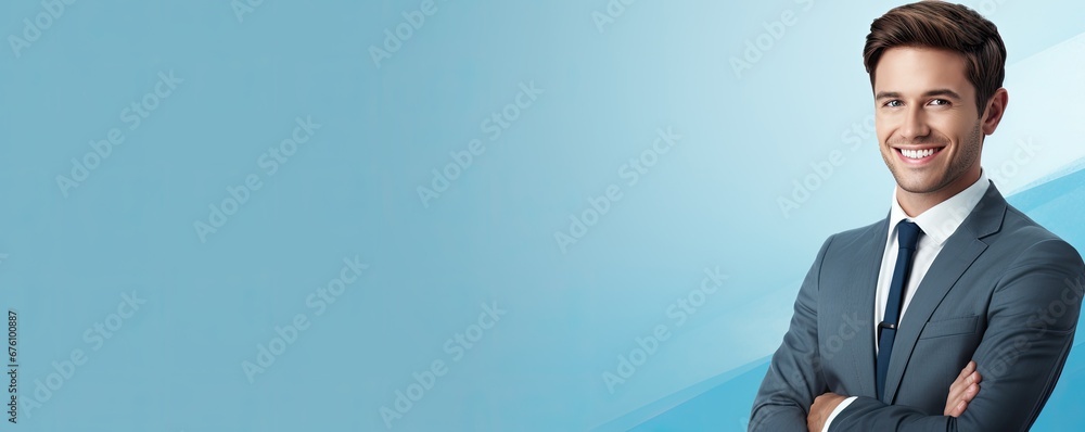 Young business man with smile. Banner with empty copy space.
