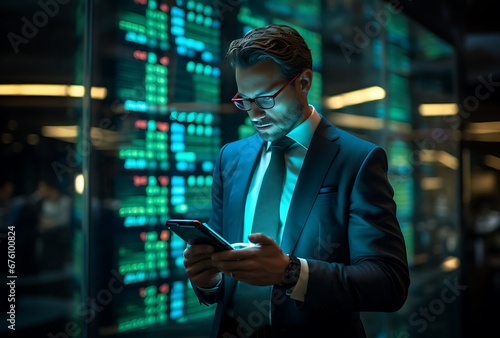 Businessman using his mobile phone in the city at night time.