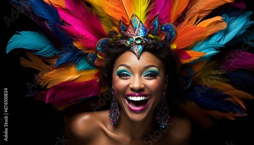 Festive young woman in vibrant attire, wearing a carnival mask, celebrating with joy.