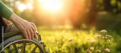 A woman in a wheelchair against a meadow