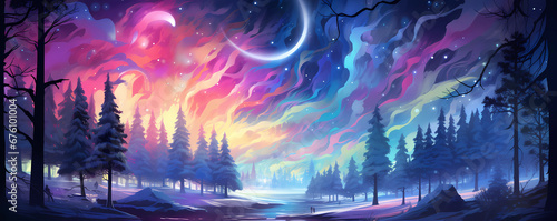 Magical Forest Festivity: Christmas Trees Aglow with Radiant Lights Against a Vibrant Watercolor Sky