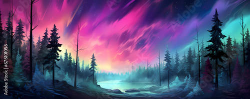 Magical Forest Festivity: Christmas Trees Aglow with Radiant Lights Against a Vibrant Watercolor Sky