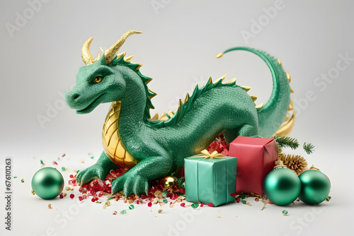 Realistic 3d decorative toy figurine of a little cute dragon in Christmas decorations. Green wood dragon 2024. Christmas winter holiday composition. Generative AI.