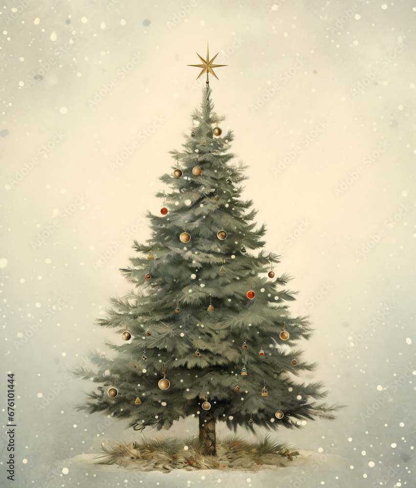 Christmas tree with ornaments, vintage style illustration