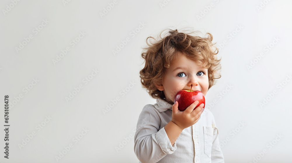 Studio portrait of cute toddler boy eating a fresh apple, healthy lifestyle concept, copy space Studio portrait of cute toddler boy eating a fresh apple, healthy lifestyle concept, copy space