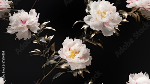  a group of white and pink flowers on a black background, with leaves and stems sticking out of the petals. generative ai