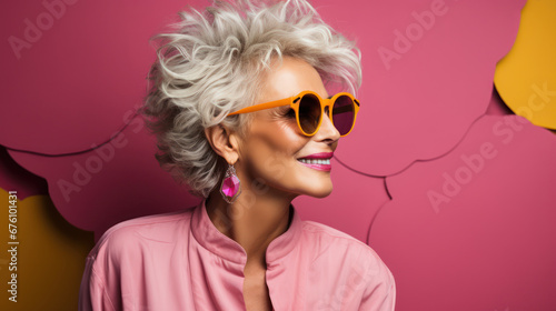 Stylish elder Caucasian woman wearing sunglasses with copy space © miro