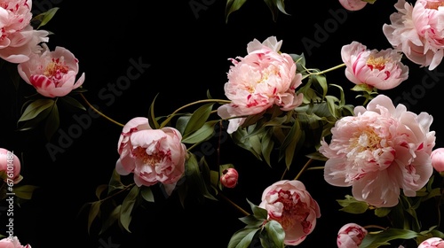  a bunch of pink peonies with green leaves on a black background with a black background with pink peonies and green leaves on a black background. generative ai