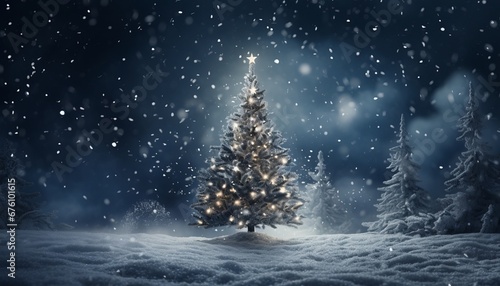 Snow covered christmas tree on dark blue background   festive holiday concept with magical lights © Viktoria