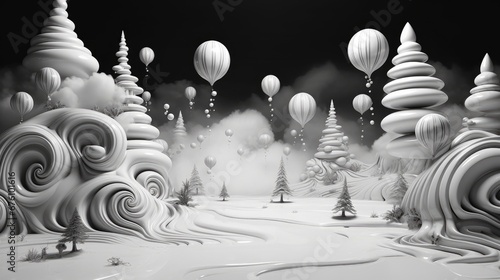  a black and white photo of a snowy landscape with trees, hot air balloons, and swirls of snow.  generative ai © Olga