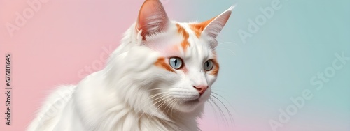 Turkish van cat on a pastel background. Cat a solid uniform background  for your advertising and design with copy space. Creative animal concept. Looking towards camera.