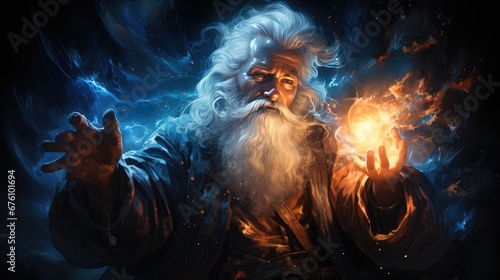 Fire magic. Fire Mage. The magic of Santa Claus. An old man with a white beard casts a spell realistic illustration. The magic of Christmas. Fairy tale character magician casts a spell. Generative ai © Nataly G