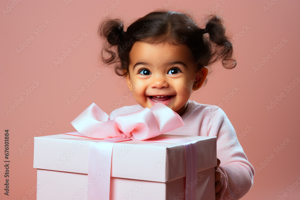 Asian girl laughs cheerfully at the camera and holds a large box with a pink bow on a salmon studio background. Holiday and gift concept.
