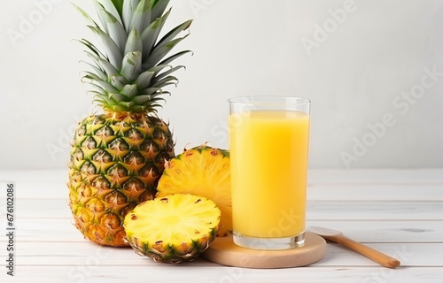 Glass pineapple juice and pineapple slices for healthy breakfast on white wooden table