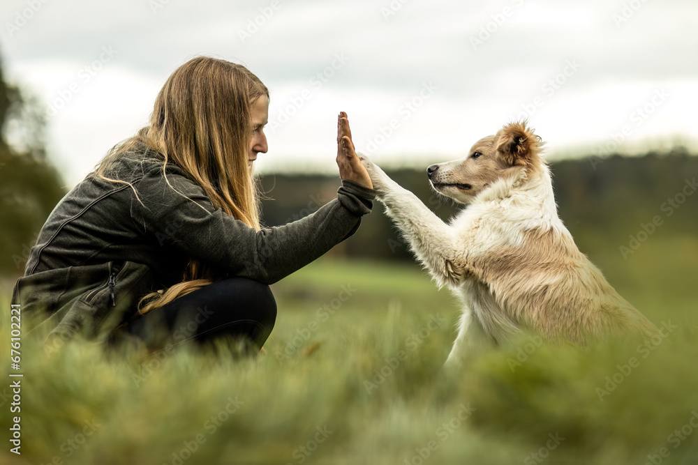 A young woman and her border collie puppy dog cuddling and interacting together in autumn outdoors, dog and owner concept