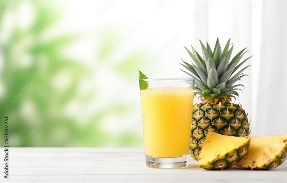 Glass pineapple juice and pineapple slices for healthy breakfast on white wooden table Glass pineapple juice and pineapple slices for healthy breakfast on white wooden table