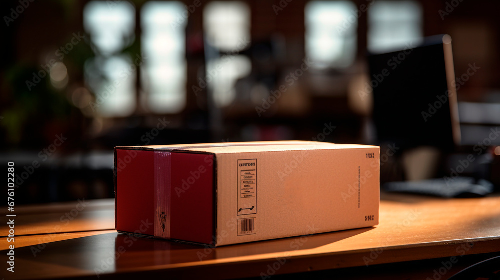 A cardboard box packed for shipment lies on the table, blurred background, free space for text A cardboard box packed for shipment lies on the table, blurred background, free space for text