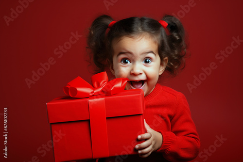 Happy excited toddler baby in Christmas holding present box looking at camera on isolated red background. Celebrating happy Christmas Xmas New Year Eve Santa December holiday concept