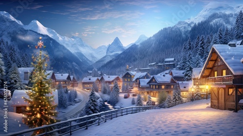 Christmas backdrop with snow-covered alpine village. Serene mountains valley. © Sergio Lucci