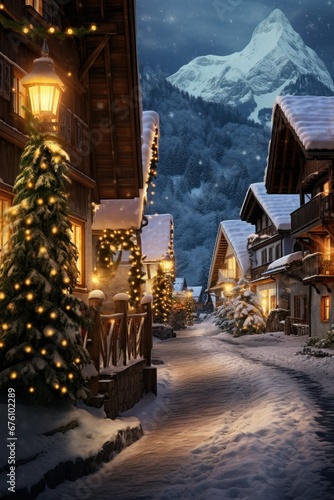 Christmas backdrop with snow-covered alpine village. Serene mountains valley.