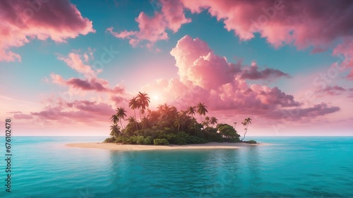 Tropical island during sunrise light. Beautiful tropical holiday destination.