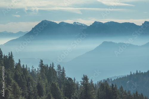 Fototapeta Naklejka Na Ścianę i Meble -  Aerial view of mountains under mist morning