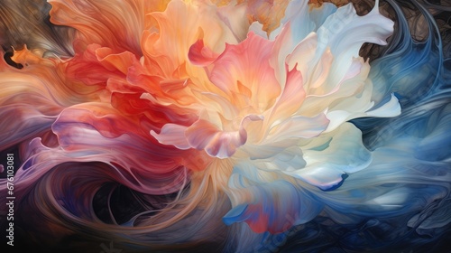  a painting of a colorful flower on a black background with white, orange, and blue swirls in the center. generative ai