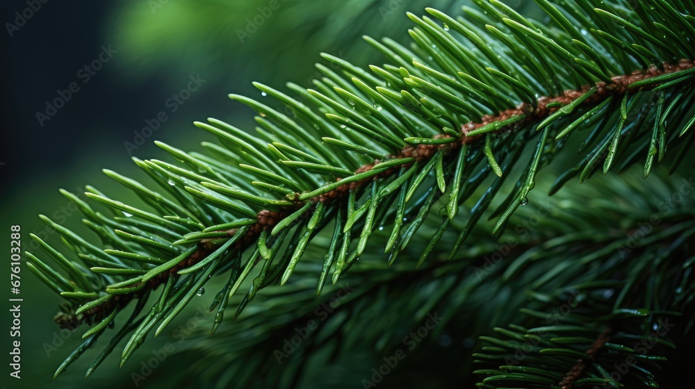 Obraz premium a green coniferous cedar branch against the lush background of a vibrant green forest, the intricate details of the cedar needles and bark to showcase the natural beauty of the scene.