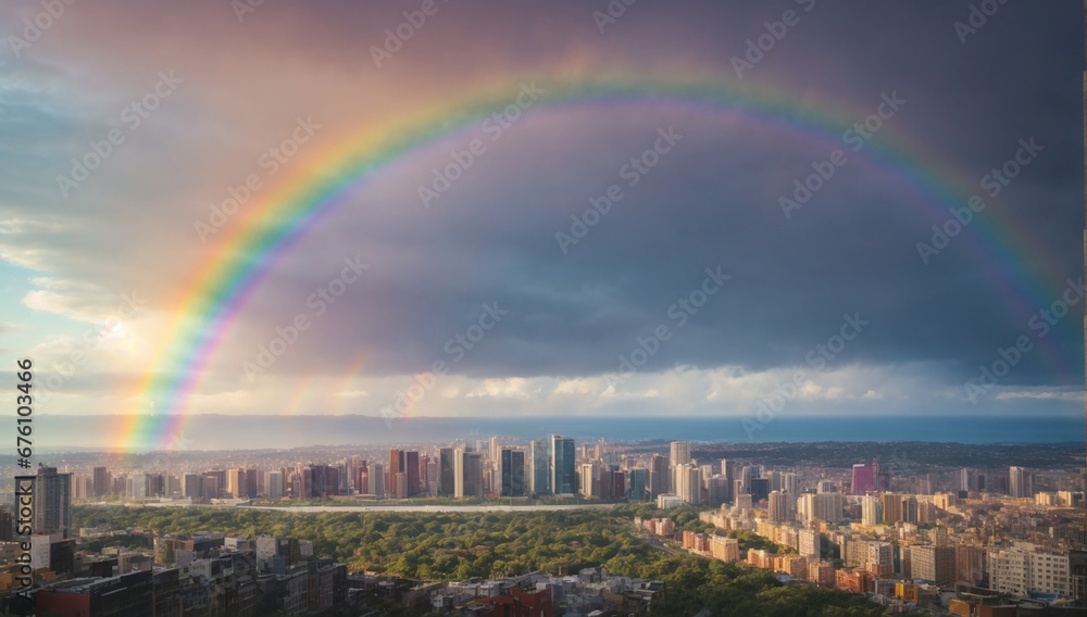 Cityscape with a rainbow stretching across the horizon, creating a stunning backdrop - AI Generative