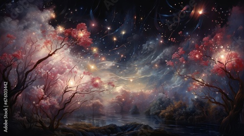  a painting of a night scene with a lake and trees in the foreground and fireworks in the sky above. generative ai
