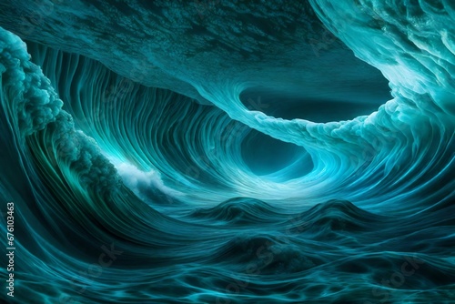 Luminous azure waves meeting emerald currents in an ethereal realm photo