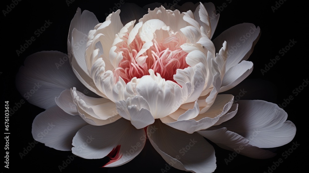 a large white flower with pink center on a black background in the middle of the image is a large flower with pink center on a black background in the middle. generative ai a large white flower with pink center on a black background in the middle of the image is a large flower with pink center on a black background in the middle. generative ai