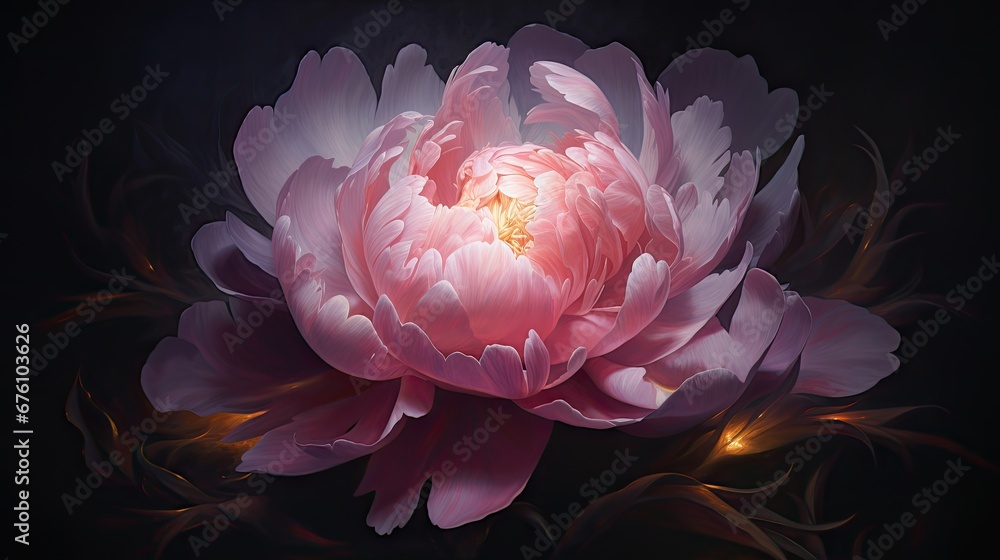  a close up of a pink flower on a black background with a light coming from the center of the flower.  generative ai