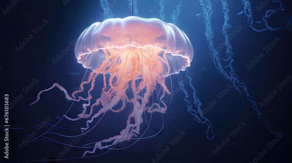  a close up of a jellyfish in a dark room with other jellyfish in the background and one jellyfish in the foreground.  generative ai