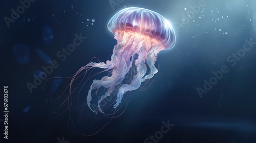  a close up of a jellyfish floating in the water with its head turned to look like a jellyfish. generative ai