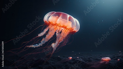  a group of jellyfish swimming in a dark ocean with a bright light shining on the top of the jellyfish. generative ai