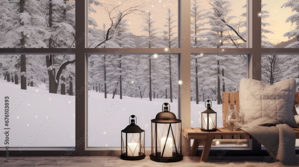 a lantern and pillows arranged on a windowsill with a winter view in a modern minimalist style home, the warmth and comfort of the interior against the cold winter landscape outside.