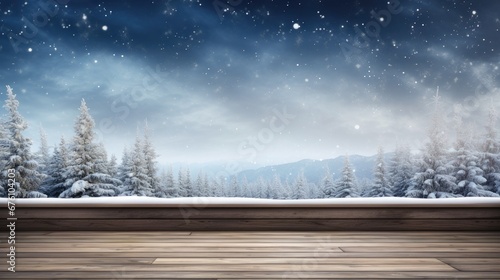 a beautiful snow background and an empty wooden floor. Showcase snowflakes falling and sparkling in the light, creating a serene atmosphere, ample empty space for text or congratulations. © lililia