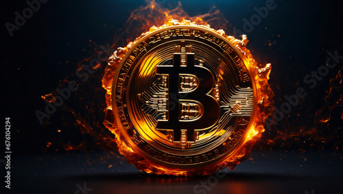 A glowing Bitcoin against a black background. photo