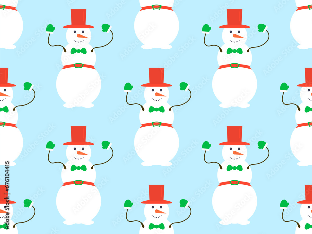 Seamless pattern with snowmen in a hat, bow tie for suit and mittens. Winter Christmas background with a snowman made of three snow balls. Xmas design for banner and poster. Vector illustration