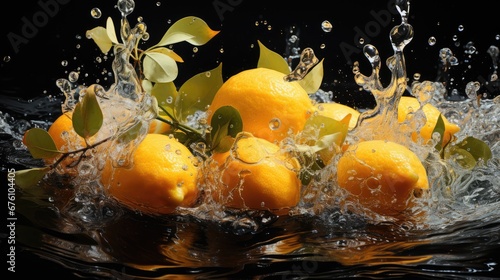  a bunch of oranges are splashing into the water with leaves and leaves on the side of the water. generative ai