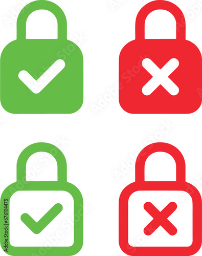 Pixel perfect icon set about locker, safe, locked, open positions, secure, security. Green and red colors. Thin line icons, flat vector illustrations. Isolated on white, transparent background