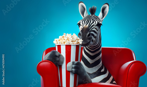 funny zebra watching 3D movie in 3d glasses with popcorn on flat  background at home 