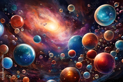 A sea of vibrant, swirling bubbles in a cosmic dreamscape 