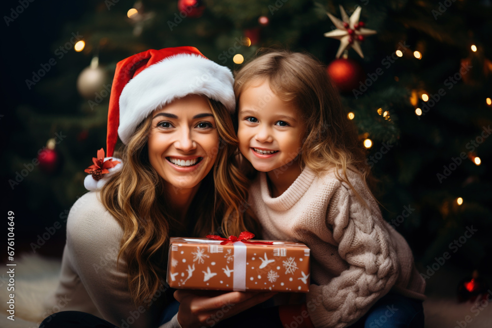 Happy smiling single parent family woman and daughter in red Santa's Christmas hats and t-shirt hugging each other celebrating on the ocean sea beach. Christmas Xmas holidays concept Happy smiling single parent family woman and daughter in red Santa's Christmas hats and t-shirt hugging each other celebrating on the ocean sea beach. Christmas Xmas holidays concept