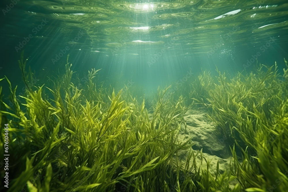 Underwater Grass, Long Seaweed in Dark River Water, Overgrown Stream with Algae, Grass Waving in Water Underwater Grass, Long Seaweed in Dark River Water, Overgrown Stream with Algae, Grass Waving in Water
